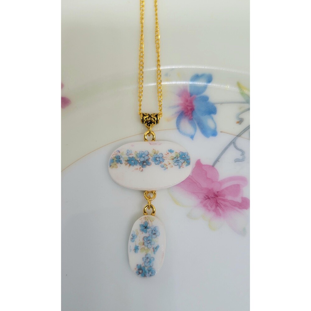 Broken China Blue Cornflower Double Pendant Necklace